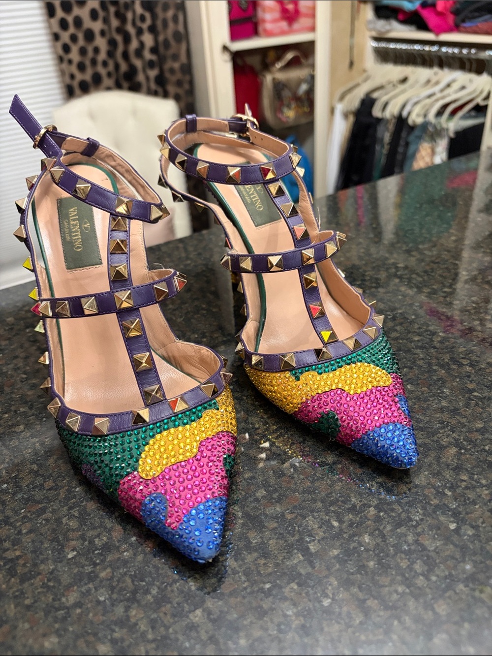 Valentino Multicolor Crystal Stud T-Strap Pointed Heels
